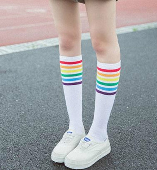 Women Leg Sock Autumn Winter Tube Socks Rainbow Stripe Sport Socks(White)