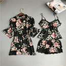 Pajama Lady Three-Piece Ice Silk Suit With Breast Cushion, Size:L(Black)