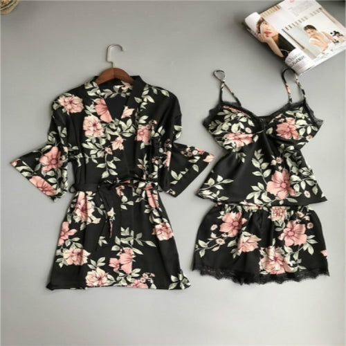 Pajama Lady Three-Piece Ice Silk Suit With Breast Cushion, Size:L(Black)