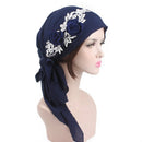 2 PCS Women Rural Style Three-dimensional Flower Decoration Cotton Yarn Turban Hat Chemotherapy Cap, Specification:130 x 45cm(Navy)