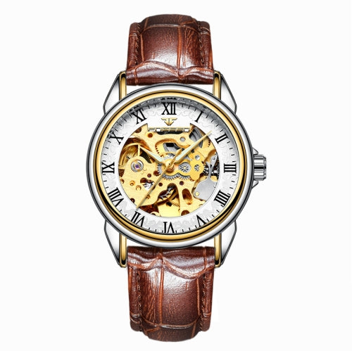 FNGEEN 8866 Woman Waterproof Watch Fashion Double-Sided Hollow Automatic Mechanical Watch(Leather Gold White Surface)