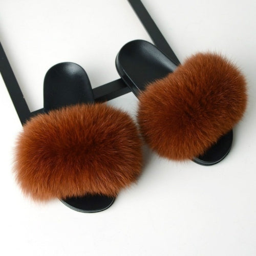 Fox Fur Slippers Flip-flops Non-slip Flat Fur Shoes Sandals for Women, Shoe Size:44-45(27cm)(Caramel)