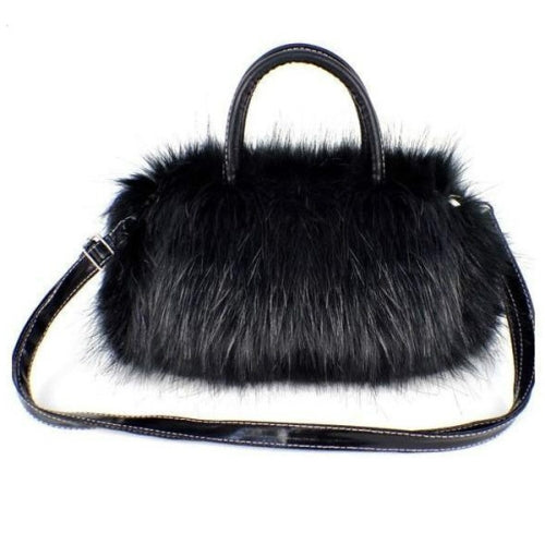 Fashion Lady PU Leather Faux Fur Handbag Shoulder Bag(Black)