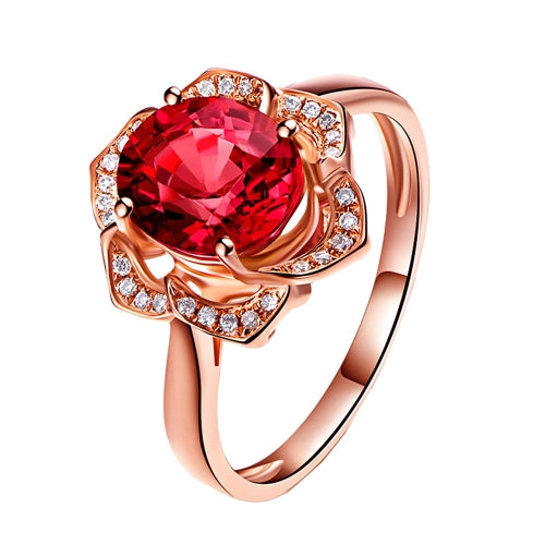 Fashion Red Tourmaline Rose Gold Flower Shape Women Ring, Ring Size:10