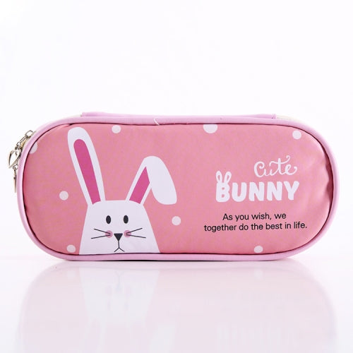 Kawaii School Pencil Case PU Animals Pattern Cartoon Big Pencilcase Color Pencil Box Stationary(Pink Rabbit)