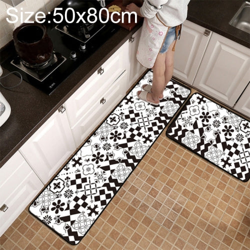 Geometric Lattice Carpet Kitchen Bath Antiskid Mat, Size:50x80cm(Black White Flower)