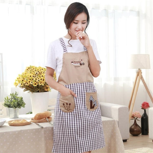 Kitchen Grid Embroidered Cotton Sleeveless Strap Style Home Aprons(Purple)