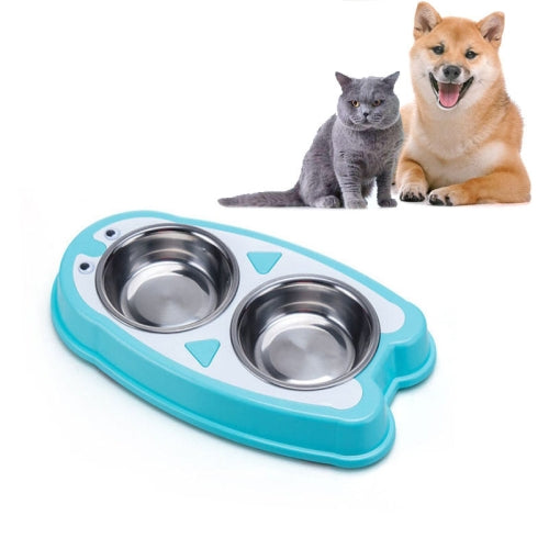 Penguin-shaped Stainless Steel Dog and Cat Double Bowl Pet Food Bowl(Blue)