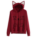 Solid Black Hooded Top Cute Cat Hoodie Warm Womens Sports Sweater, Size:L(Wine Red)