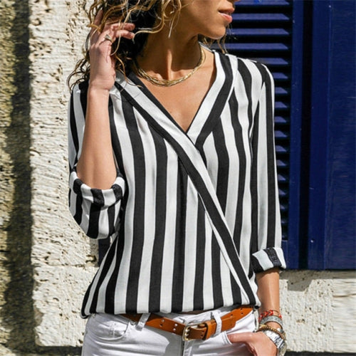 Women Striped Shirt Long Sleeve V-neck Shirts Casual Tops Blouse, Size:XXL(Black)