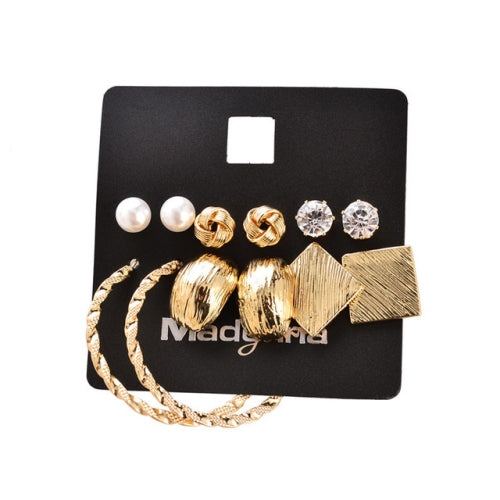 6 Pair/Set Fashion Vintage Alloy Geometric Rhinestone Stud Earrings Set for Women(Gold)