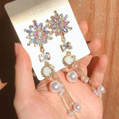 925 Silver Snowflake Simulated Pearl Tassel Long Earrings For Women