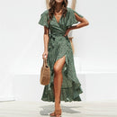 Print Flower High-rise Lace-up Chiffon Dress, Size:XXL(Green)