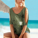 Casual Short Sleeve Tops Tees Sexy Off Shoulder Feather Print O-neck Loose Shirts for Women, Size:XXL(Army Green)
