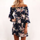 One-neck Chiffon Printed Loose Lace Dress, Size:XL(Blue)