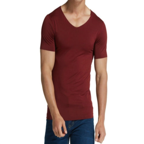 Men Ice Silk Quick Dry T-shirt Short Sleeve V Neck Solid Color Seamless Breathable Top, Size:XXL (Wine Red)
