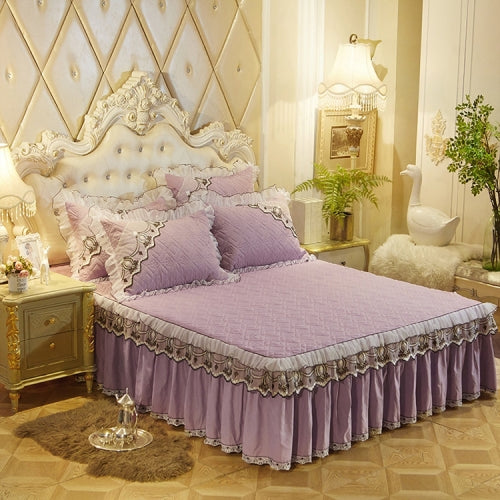 Luxury Thick Cotton Bed Skirt with Lace Edge Non-slip Bedding Set, Size:1.5x2.0m(3-Piece)(Violet)