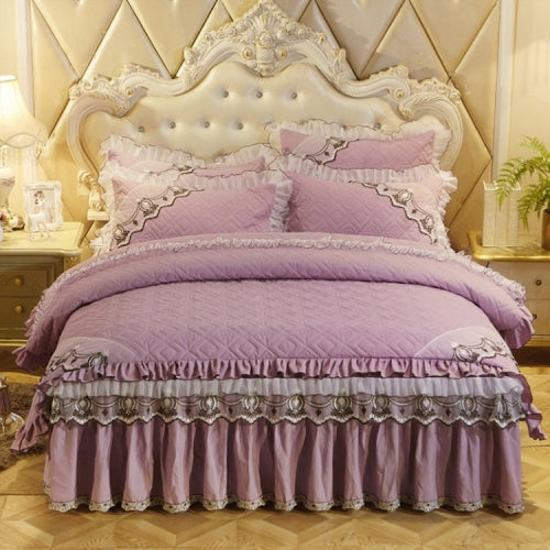 Luxury Thick Cotton Bed Skirt with Lace Edge Non-slip Bedding Set, Size:1.8x2.2m(4-Piece)(Violet)