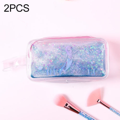 2 PCS Cute PVC Pig Pattern Pencil Case Colorful Transparent Quicksand Girl Pen Bag Creative Stationery School Supplies(Dark Blue Mermaid)
