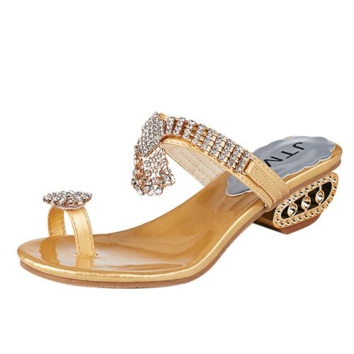 Open Toe Chunky Heel Sandals Crystal Rhinestones Beach Flip, Shoe Size:35(Gold)