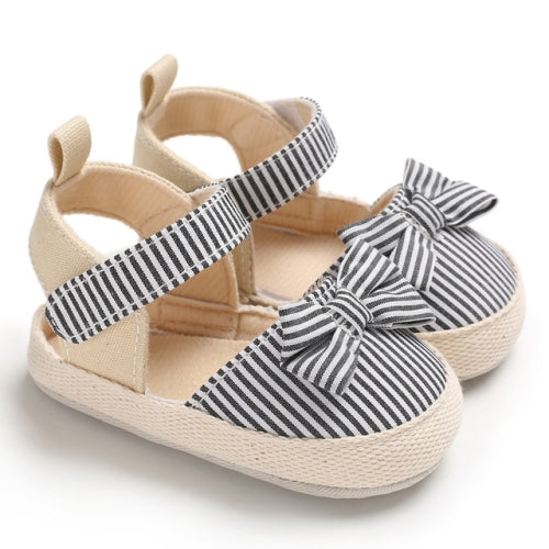 Baby Girl Soft Striped Bow PU Crib Shoes Infants Anti-slip Prewalker Summer Shoes(Black)