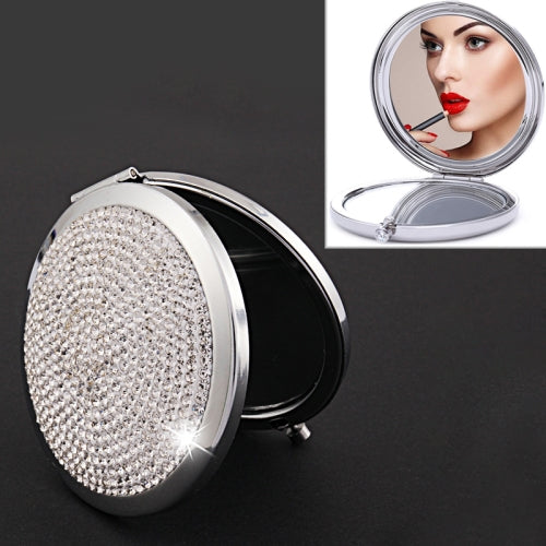 Diamond-encrusted Metal Double Side Folding Mini Portable Round Small Makeup Mirror(White )