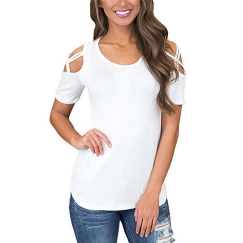 Round Neck Short-sleeved Off-the-shoulder Blouse T-shirt, Size: S(White)
