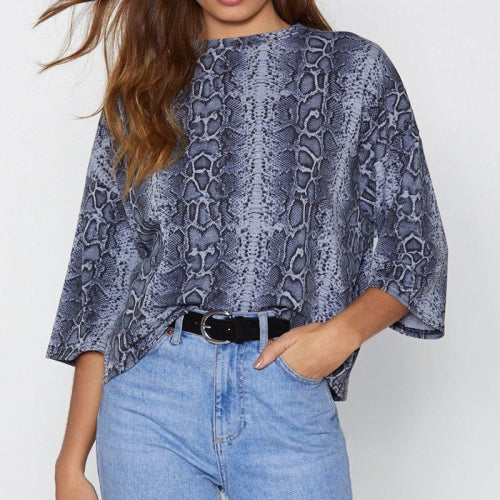 Casual Round Neck Snake Print Seven-point Sleeves Chiffon Shirt, Size: L(Blue )