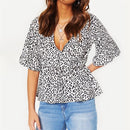 Spring Print Deep V-neck Short-sleeved Chiffon Shirt, Size: XXL(White )