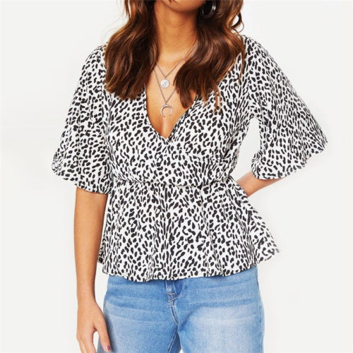 Spring Print Deep V-neck Short-sleeved Chiffon Shirt, Size: XXL(White )