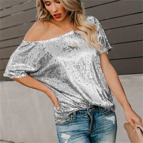 Short-Sleeved Solid Color Sequins Word Shoulder Shirt for Women, Size: L(Silver)