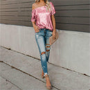 Short-Sleeved Solid Color Sequins Word Shoulder Shirt for Women, Size: XXL(Pink)