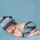 Children Photography Clothing Hand-knitted Horizontal Striped Wool Long Tail Cap with Braid + Horizontal Stripe Medium Trouser Set