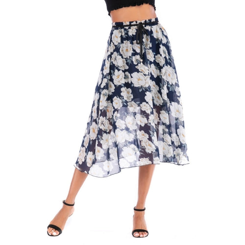 Beach Leisure Chiffon Floral Print High Waist Lace Skirt, Size: S(Blue Daisy )