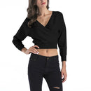 Short Bat Sleeve Deep V-neck Loose Sweater for Women, Size:L (Black)