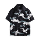 Red-crowned Crane Printed Short-sleeved Casual Holiday Loose Shirt, Size:L (As Show)