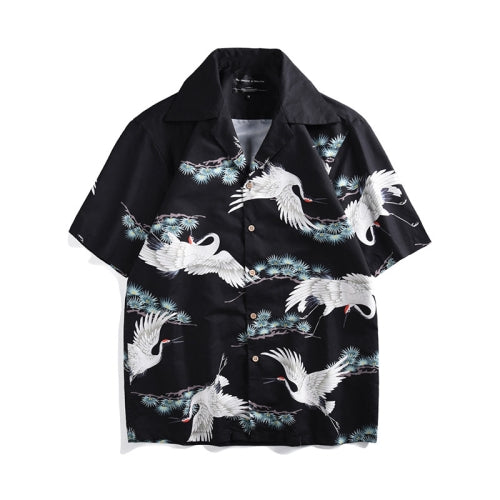 Red-crowned Crane Printed Short-sleeved Casual Holiday Loose Shirt, Size:L (As Show)