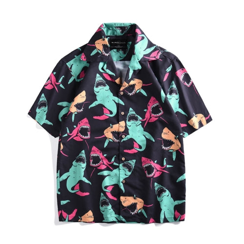 Summer Shark Print Vacation Loose Short Sleeve Beach Shirt, Size:XL (As Show)