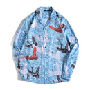 Loose Leisure Vacation Couple Wear Red-crowned Crane Printing Long-sleeved Shirt, Size: L(As Show)