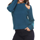 Women Sexy Leaky Shoulder Round Neck Sweater, Size: L(Blue)
