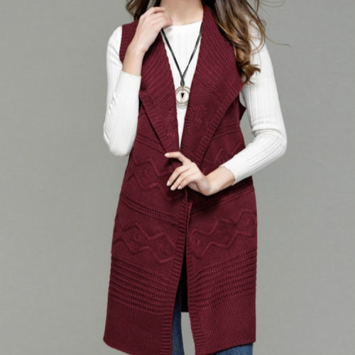 Mid-length Sleeveless Knit Cardigan, Size: M(Wine Red)