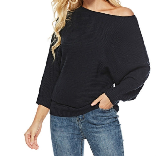 Women Word Collar Bat Sleeve Knit Dress, Size: L(Black)