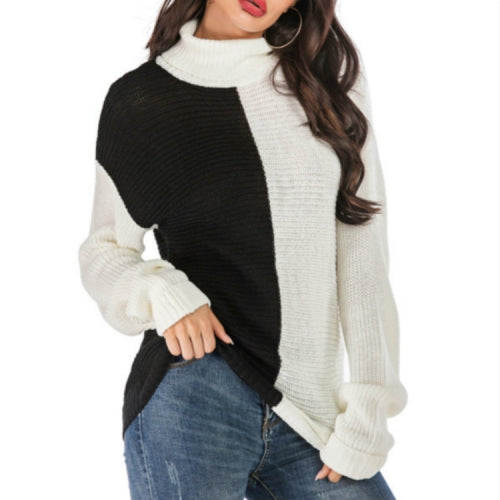 Women High Collar Loose Long-sleeved Sweater, Size: M(Black White )