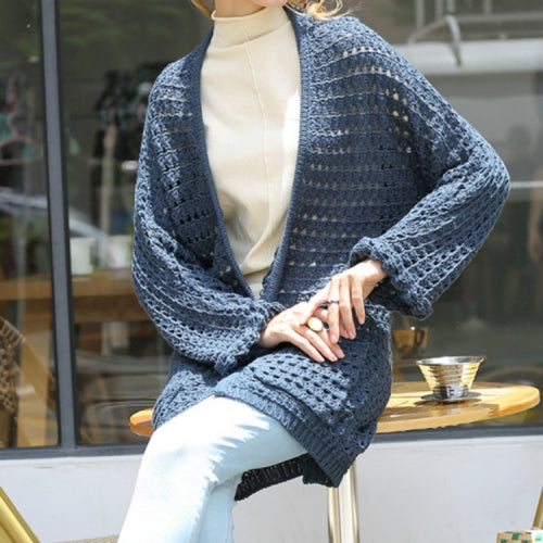 Loose Bat Sleeves Long Knit Sweater, Size: S(Indigo Blue )
