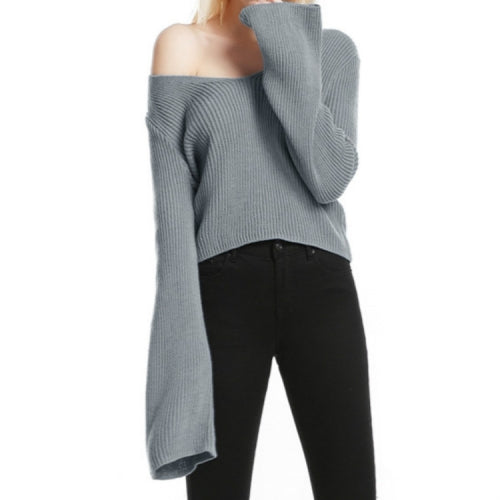 Trumpet Sleeves Head Sexy V-neck Short Sweater, Size: S(Gray )