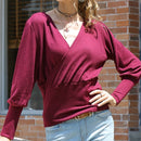 Sexy V-neck Lantern Sleeve Solid Color Sweater, Size: XL(Dark Red)