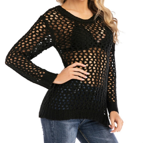 Spring and Summer Women Sexy Hollow Perspective Sweater, Size: S(Black)