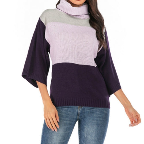 Women High-neck Sweater Seven Points Trumpet Sleeves Sweater, Size: XL(Purple )