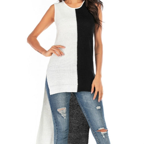 Women Fashion Short Front Behind Long Pullover Sleeveless Sweater, Size: S(Black White )