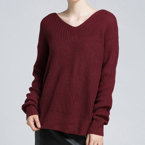 Autumn and Winter Women V-neck Pullover Leaky Sweater, Size: XL(Wine Red )